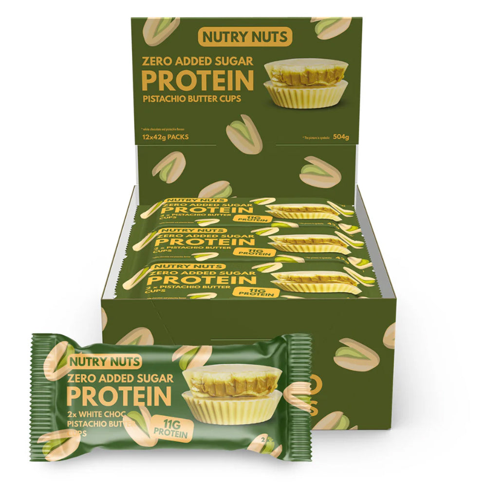 Nutry Nuts Peanut Butter Cups (12x42g)  -  Hvid chokolade & pistacie | Højt proteinindhold